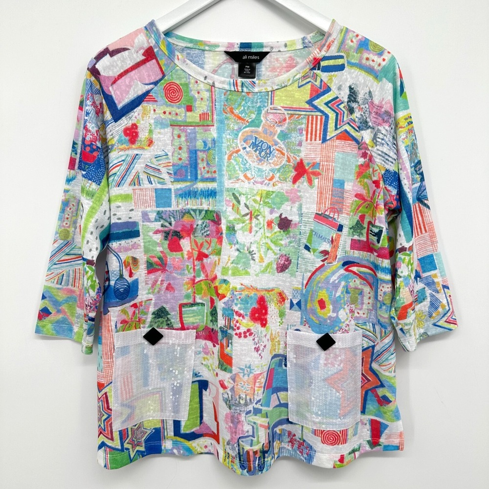 Ali Miles Top Shirt Medium Petite Stretch Knit Sequin‎ Pockets Artsy Maximalist